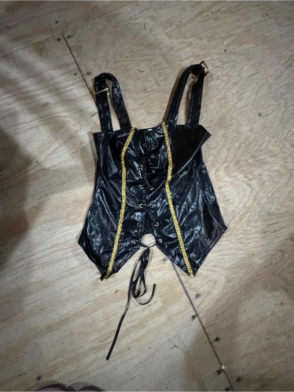 Spirit Black Faux Leather Corset Top with Gold Trim for pirate costumes